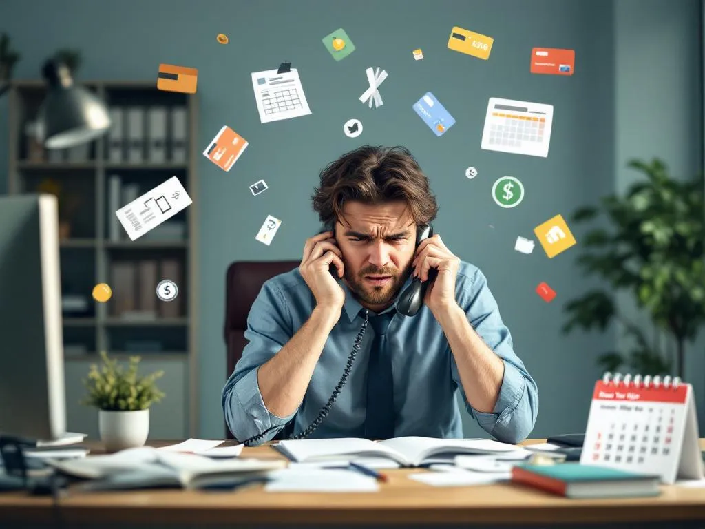 Frustrated person on the phone surrounded by symbolic representations of finance like credit cards