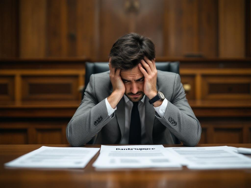 A person in financial stress sitting in a courtroom