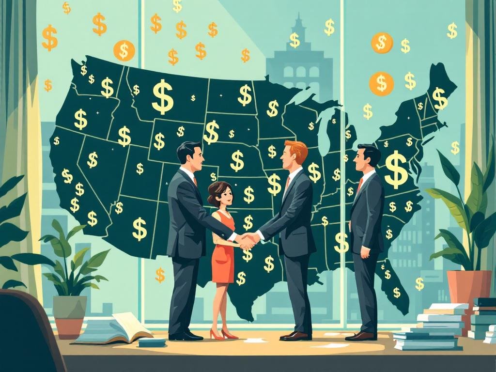 A map of America with financial symbols