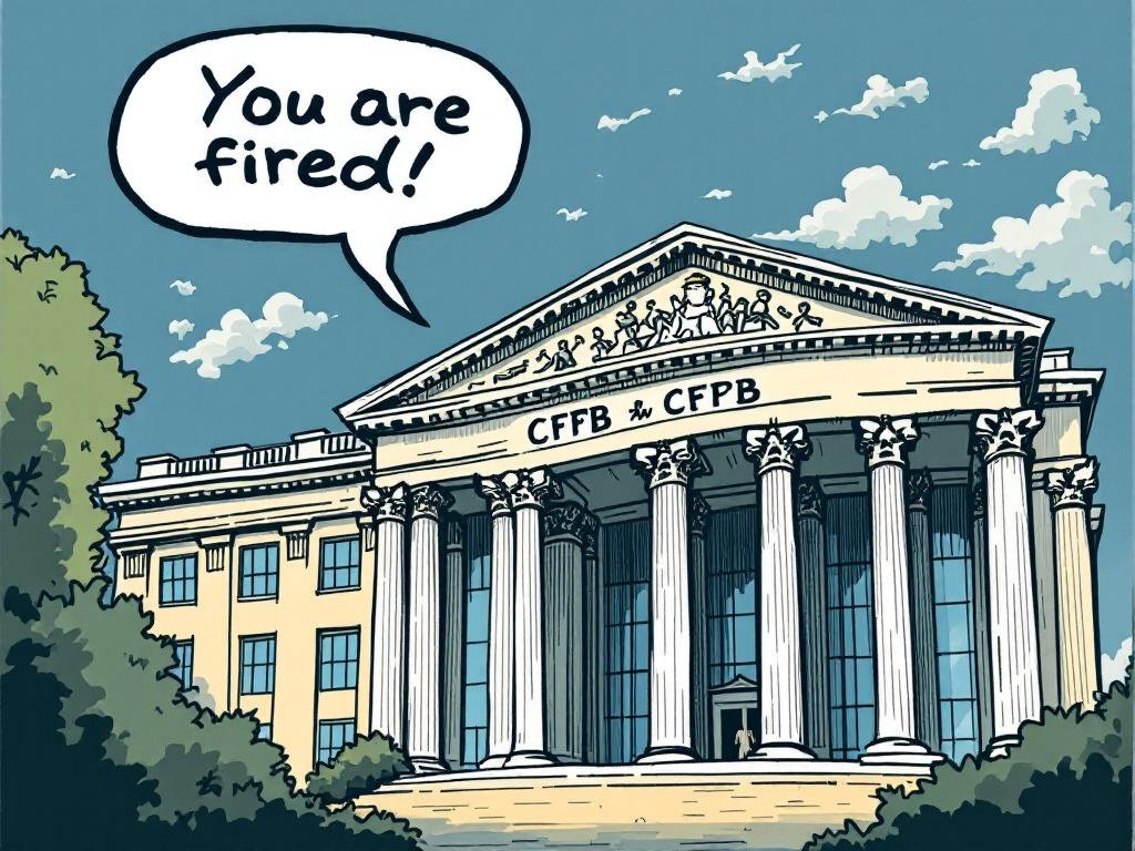 CFPB Building with Trump Saying 'You Are Fired!'