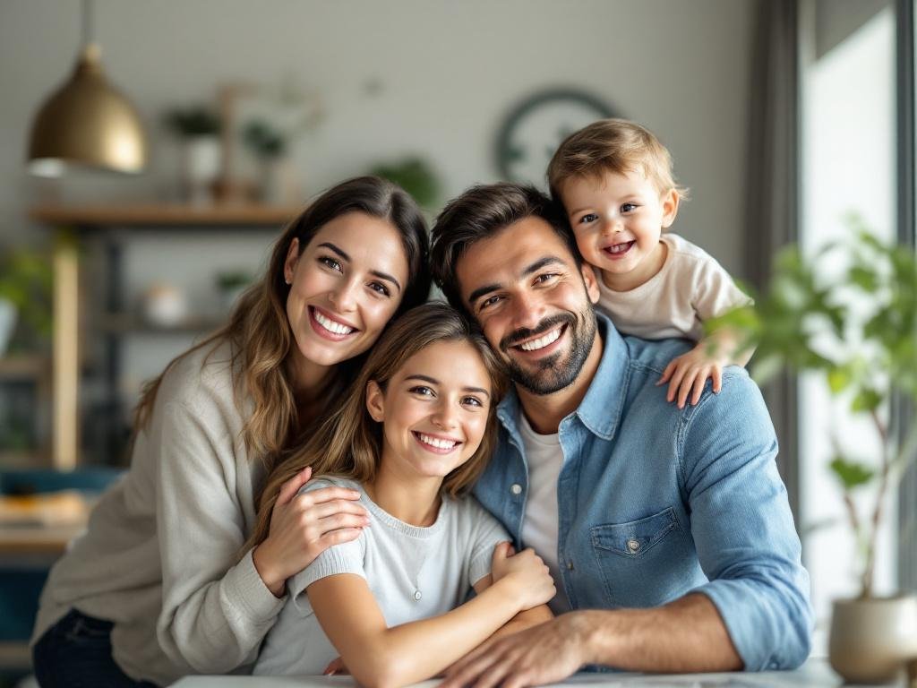 Happy family in a modern home with a subtle dollar sign depiction